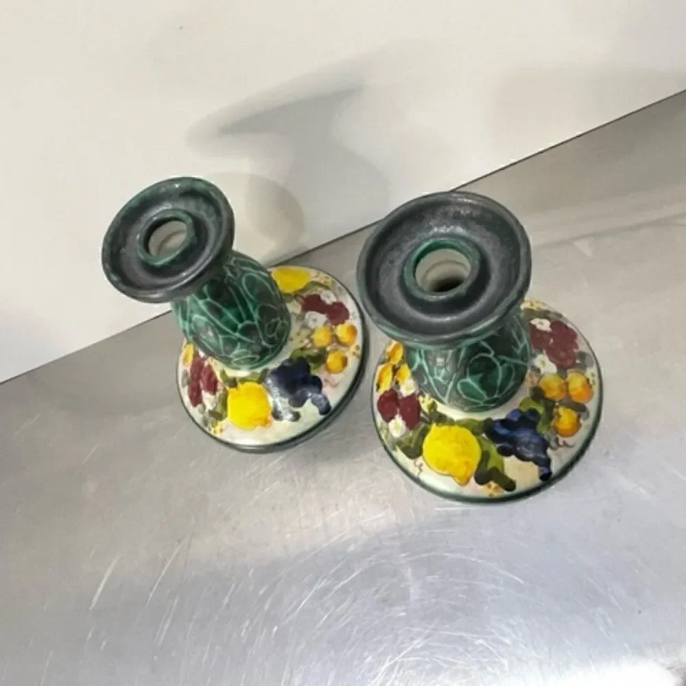 Vintage Pair of Studio Arta Per Ceramic Italy Candlesticks Fruit/Flower Motif 2